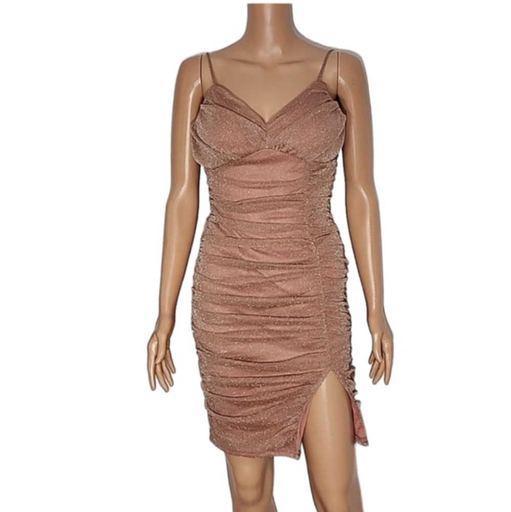 Privy Metallic Ruched Mesh Body-con Midi side slit Dress Women’s Size Medium - Picture 3 of 12